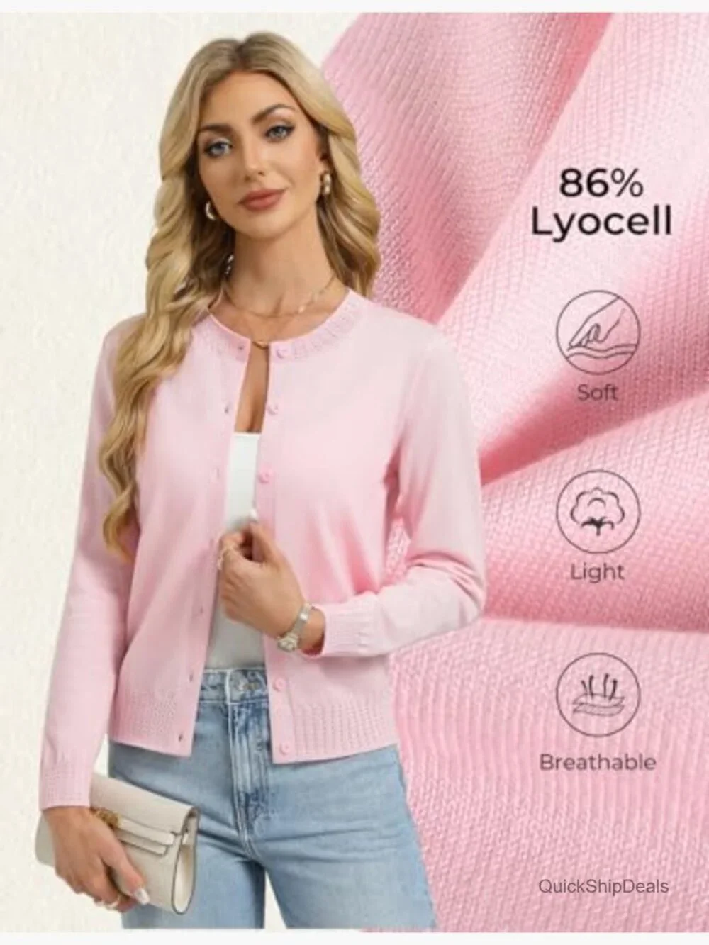 Lightweight Cropped Cardigan Sweater with Lyocell Blend, Button Front - Picture 4 of 7